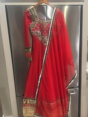 Red Embellished Anarkali Dress with Gold Trim